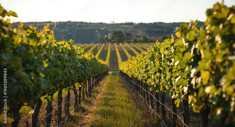 Fototapeta premium Thriving vineyard rows in lush fields during bright summer days
