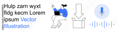 Digital technology, online communication, tools, instruction, downloads, voice recognition. A person using a laptop, an arrow pointing to a box and a microphone icon. Digital technology and online