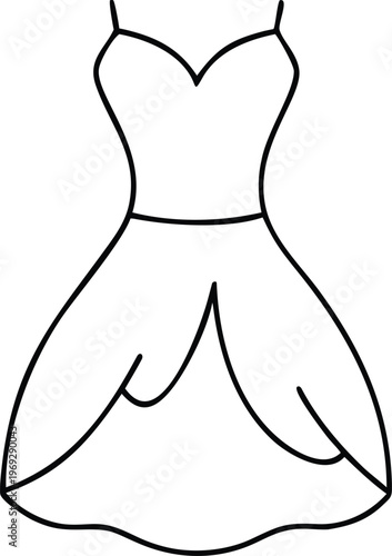 Fashionable outline illustration of a strappy cocktail dress featuring a unique draped skirt