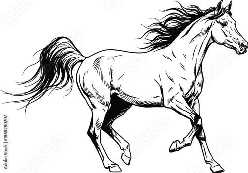 Elegant horse line art illustration, running with flowing mane and tail