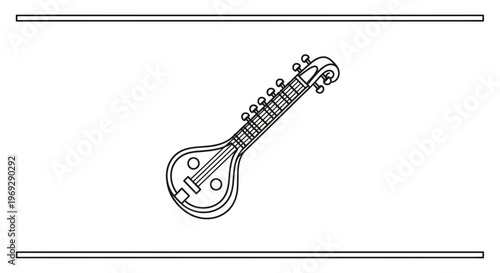 Indian Sitar Musical Instrument Outline Drawing, Traditional String Instrument for Classical Music