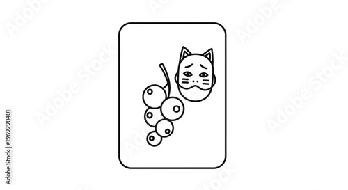 Japanese Cat Mask and Berries Line Art Illustration