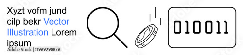 Search optimization, data exploration, cybersecurity, digital currency, binary coding, analytics. A magnifying glass, binary numbers and coin exploration and analysis. Data exploration