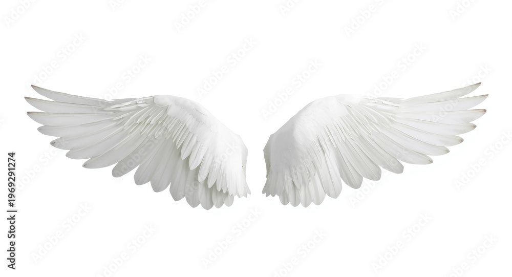 Fototapeta premium White bird wings spread on a pure white background with copy space