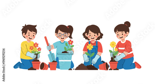 A group of four enthusiastic kids are working together to plant colorful flowers in various pots while enjoying gardening together.