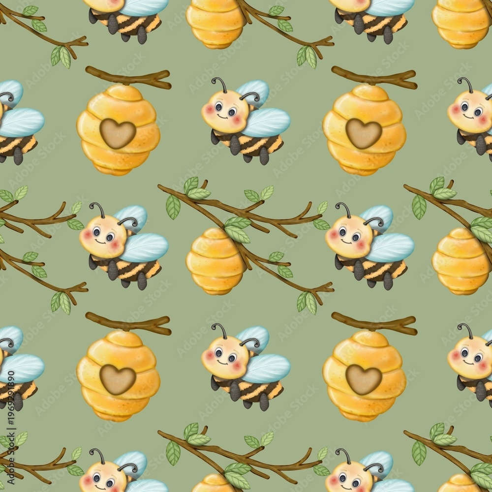 Fototapeta premium Seamless pattern Cute Bee collection in World bee day. Hand drawn watercolor illustration. For labels, paper, textiles on green background.