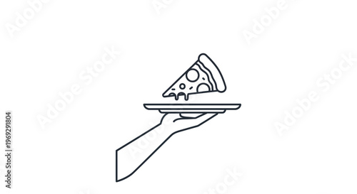 Hand Serving Slice of Pizza on Plate - Minimalist Line Art Icon