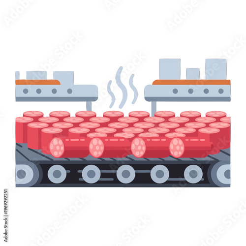 Automated food production line processing meat products on a conveyor