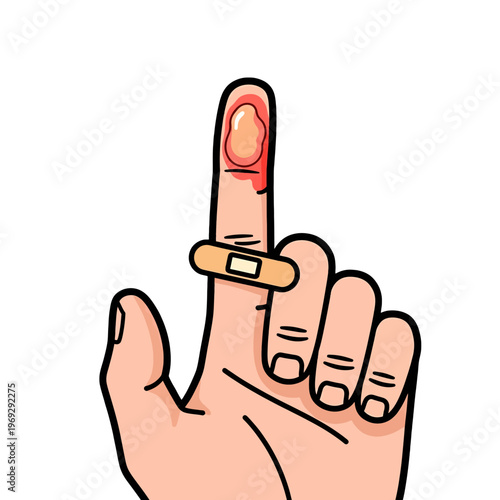 A bandaged finger with a minor injury is shown against a white background