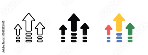 Growth, arrow icon with three upload arrows vector illustration, representing upgrade button, level up symbol, progress chart, boost, increase diagram, improvement, advancement, and success concepts.