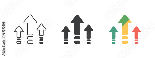 Growth, vector icon featuring three upward arrows, symbolizing level up, progress chart, boost, upgrade, increase, improvement, advancement, and business success in modern design.