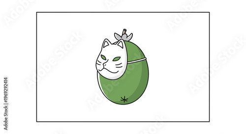 Green Fruit with White Cat Mask and Leaf - Mysterious and Playful Concept