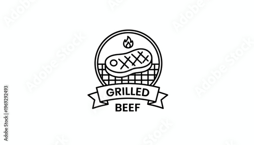 Grilled Beef Steak Icon with Flame and Grill Marks on White Background