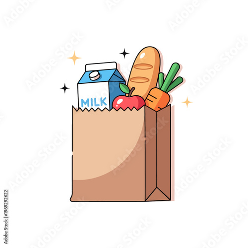Paper bag filled with fresh groceries and dairy product