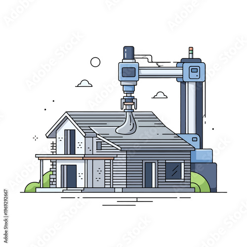 Automated construction robot building a residential house on a white background