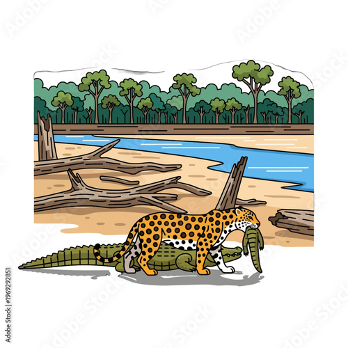 Predator animal carrying prey near a river in a forest