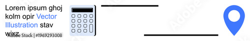 Business planning, financial navigation, strategic calculations, location services, data analysis, and logistics concepts. Calculator and map pointer connected by lines. Financial navigation