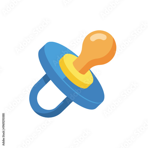 A blue and orange baby pacifier on a white background