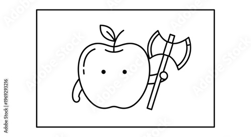 Funny Apple Character Holding an Axe, Cartoon Style