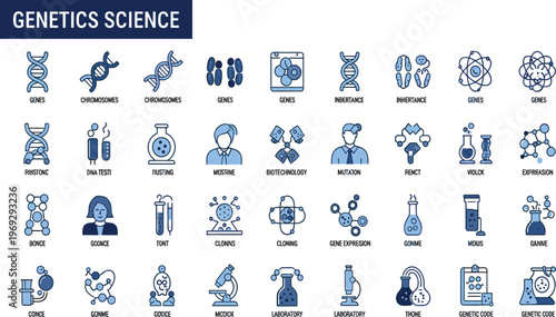 Genetics Science Icon Set with DNA Helix, Chromosomes, Gene Expression, Mutation, Biotechnology, Laboratory Equipment, and Molecular Biology Symbols