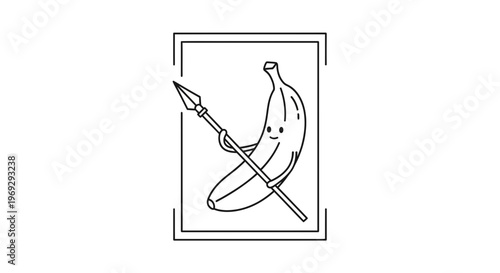 Funny Banana Warrior with Spear, Cartoon Character, Outline Drawing