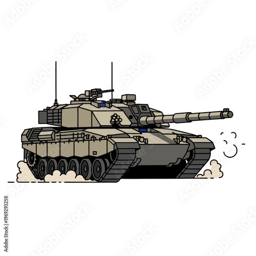 A military armored vehicle with a large cannon moves forward