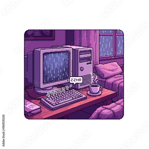 Pixel art scene of a computer setup with rain outside a window