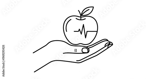 Healthy lifestyle concept with hand holding apple and heartbeat line symbolizing wellness and medical care