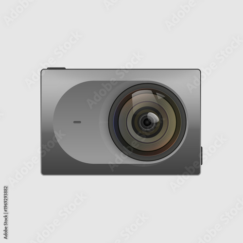 Modern 3D dash cam vector illustration with realistic lens and sleek black design. Dashboard camera for car safety and security.
