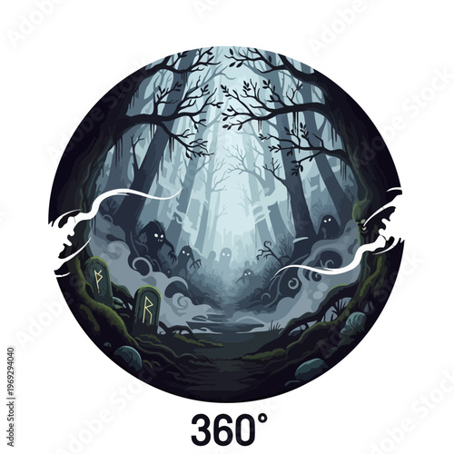 Spooky forest with ghostly figures and ancient stones