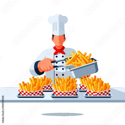 A culinary professional is serving freshly fried potato sticks