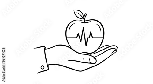 Healthy lifestyle concept with hand holding apple and ecg heartbeat line symbolizing wellness and medical care