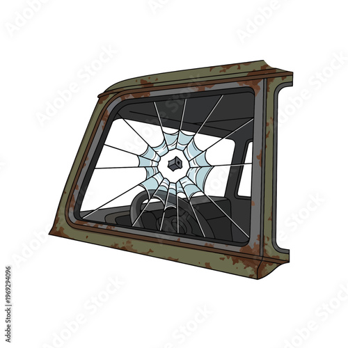Broken vehicle window with spider web and rust