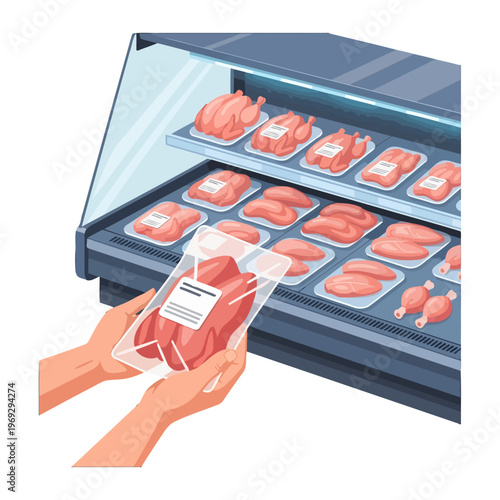 Person selecting packaged raw poultry from a refrigerated display case