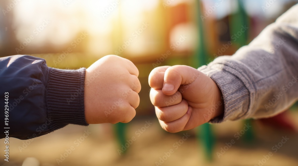 Fototapeta premium Two children's fists coming together in a friendly gesture, set against a warm sunset background