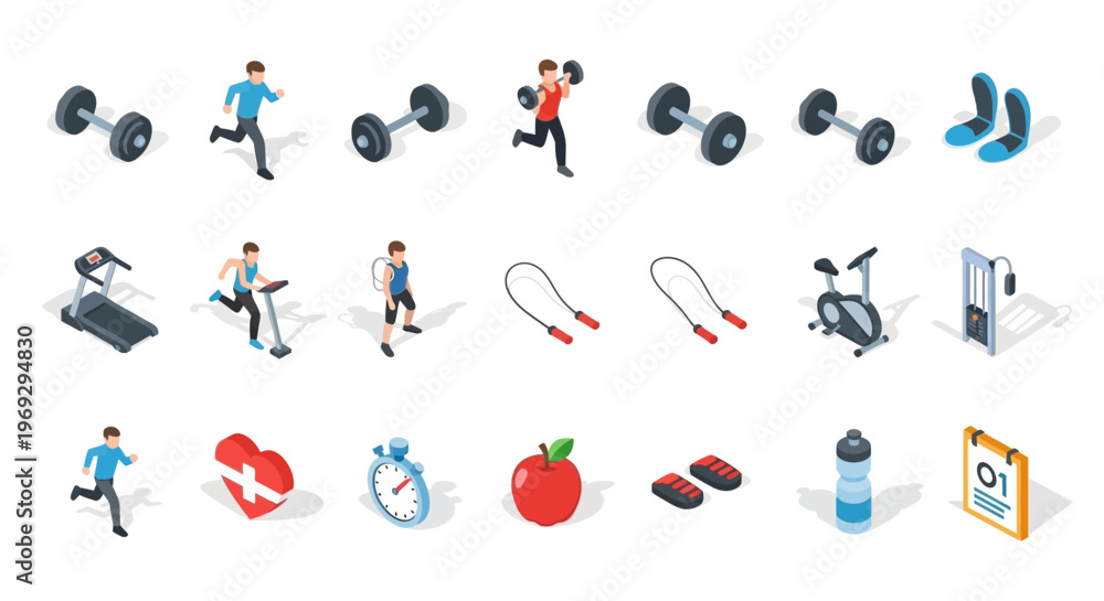 Fototapeta premium A comprehensive isometric icon set illustrating fitness training, sports activities, health management, and workout solutions for modern lifestyle and wellness projects
