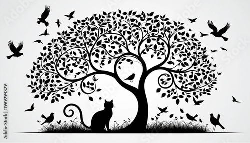 Black silhouette cat, tree, birds, whimsical illustration, animal scene, nature, wildlife isolated on Transparent Background