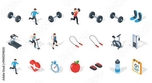 A comprehensive isometric icon set illustrating fitness training, sports activities, health management, and workout solutions for modern lifestyle and wellness projects