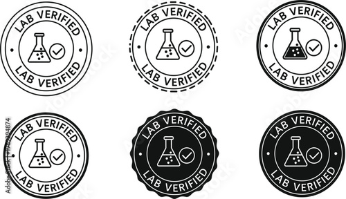 Lab Verified Badge Stamp Collection with Laboratory Flask and Check Mark Scientific Quality Assurance Certification Vector Icon Set