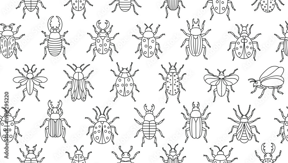 Fototapeta premium Insect Outline Pattern with Beetles, Ladybugs, Bees, and Flying Bugs Seamless Entomology Background Minimal Line Art Vector Illustration