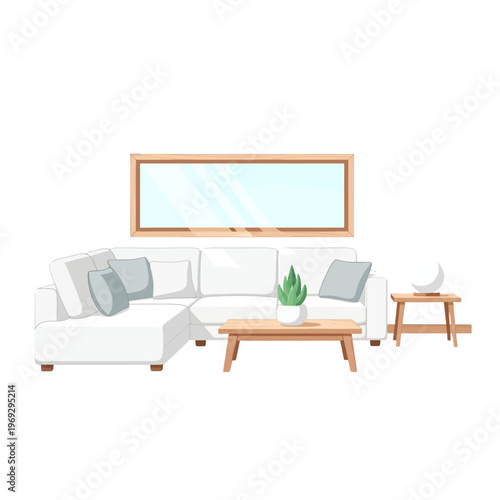 Modern sectional sofa with coffee table and decorative plant