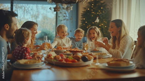 A happy family enjoying a festive Christmas dinner together at a beautifully set table