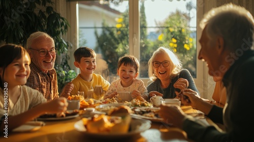 A multi-generational family enjoys a meal together at a wooden table by a sunny window.