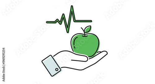 Healthy lifestyle concept with hand holding green apple and ecg line symbolizing wellness and nutrition