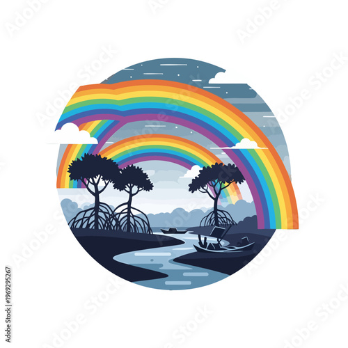 Double rainbow arcs over a serene river with mangrove trees and boats
