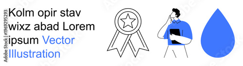 Business solutions, decision-making, sustainability, awards, achievements, creative industries. Ribbon medal, person thinking and water drop symbol. Business solutions and achievements concept