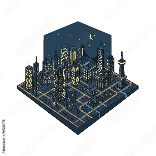 Isometric nighttime cityscape with illuminated buildings and a bridge