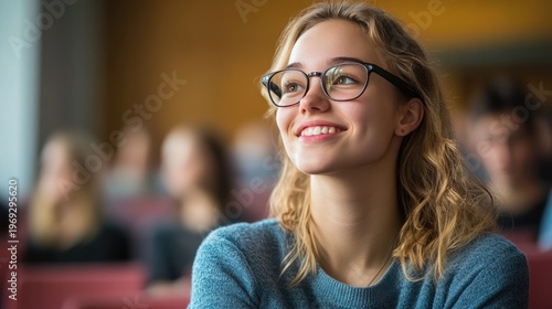 A young woman with glasses smiling in a classroom setting with other students in the background