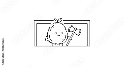 Cute Durian Character Holding an Axe, Cartoon Style, Funny Food Illustration