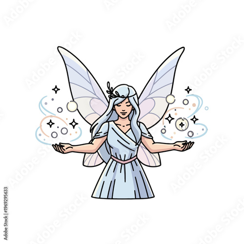 A magical winged creature conjures sparkling energy with her hands